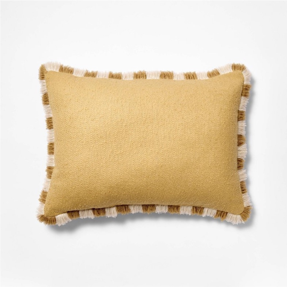 STUDIO MCGEE NWT solid lumbar pillow w/ stripe fringe -tan -14x20